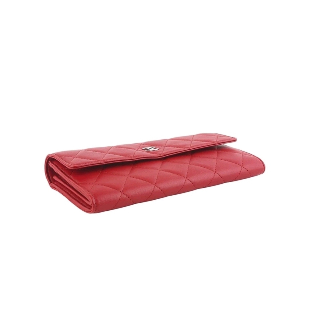 Like NEW! CHANEL LAMB SKIN RED QUILTED LONG WALLET SILVER HARDWARE - Picture 7 of 12